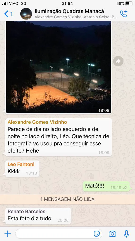 Depoimento em grupo de WhatsApp sobre iluminação de quadras: conversa no grupo Iluminação Quadras Manacá com elogios à instalação.